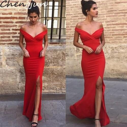 Chengjun Classic Fitting Simple V Neck Off Shoulder Red Long Prom Dress With Slit