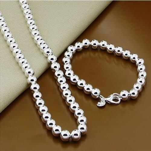 Pure Silver 925 Jewelry Sets for Women 8mm Buddha Bead Ball Chain Necklace Bracelet Jewellery Set Party Accessories