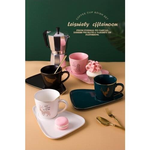 Golden Trim Ceramic Cup,Elk Coffee Cup,Whale Coffee Cup Tray Set,Afternoon Tea Tableware,Peacock Blue Cup and Saucer Set