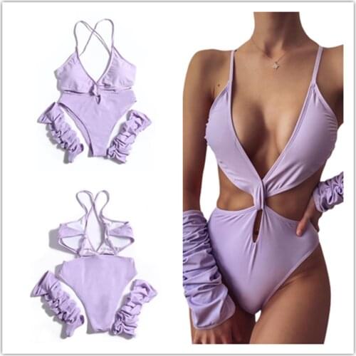 Meihuida Women One-piece Bikini Swimsuit Fashion Sexy Cutout Deep V-neck Beach Swimwear with Chest Pad Solid Color