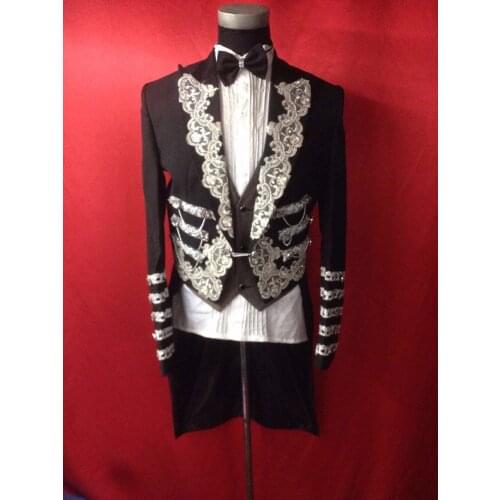 Free shipping mens black silver embroidery swallow tail tuxedo jacket/stage performance/only jacket/can customs size