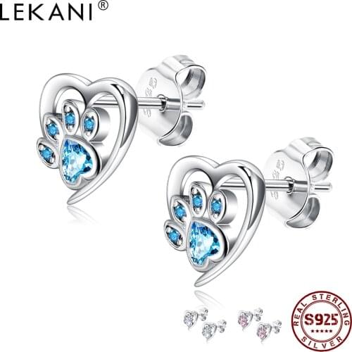 LEKANI 925 Sterling Silver Stud Earrings For Women Heart Shape Blue Cubic Zirconia Footprint Earring Anniversary Fine Jewelry