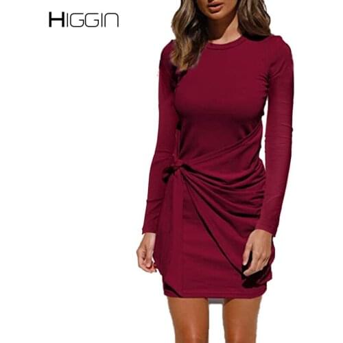 Autumn Women Mini Package Hip Dresses Solid O Neck Long Sleeve Dress Asymmetry Bow Sashes Casual Female Elegant Dress 2021 New