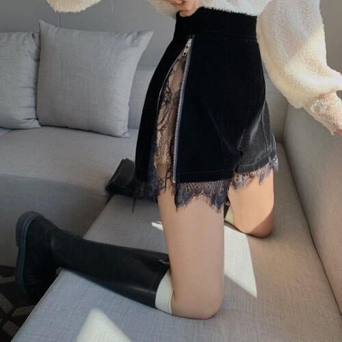 Fashion Sexy Lace High-waist Straight-leg Shorts Female Stitching Gold Velvet Shorts Adjustable Slim Boot Shorts Woman Clothing
