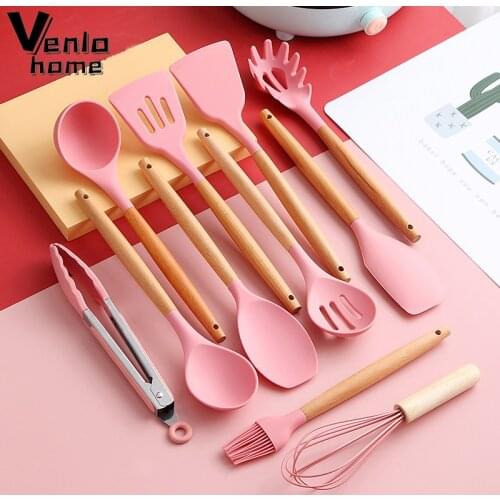 12pc Silicone Cooking Utensils Set Non-stick Spatula Shovel Soup Cooking Tool with Wooden Handle Storage Box Kitchen Accessories