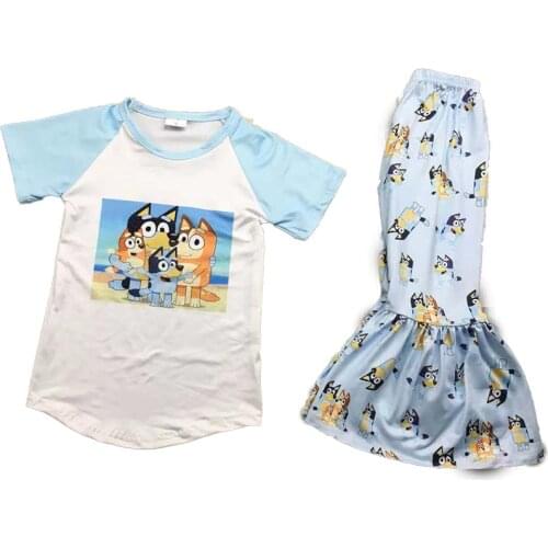 Adorable Boutique Childrens Hotsale Cartoon Short Sleeves Raglan Sleeves Blue Bell Bottom Pants Outfit Sets 20