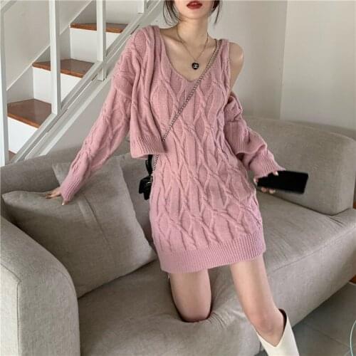 Autumn Knit Ensemble Femme Sexy Dress For Women V-neck Halter Dress And Cardigan Party Sweater Dress Set Medium Long Vestidos