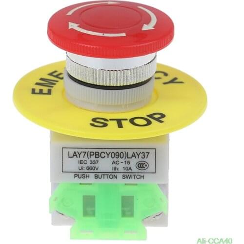 AC 660V 10A Switch Red Mushroom Cap 1NO 1NC DPST Emergency Stop Push Button Switch Equipment Lift Elevator Latching Self Lock