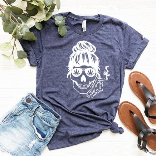 Bun Hair Skull Printing Women T-shirt Smo Funny Weed T Shirt Pothead Female Casual Shirt Graphic Vacation Tops Cool Clothes