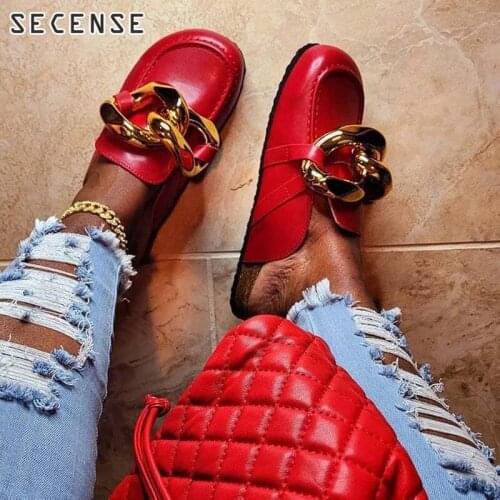 2021 Women Shoes Fashion Female Big Chain Slippers Female Clog Flat Shoes For Ladies Summer Beach Slides Leather Sandals Plus Si