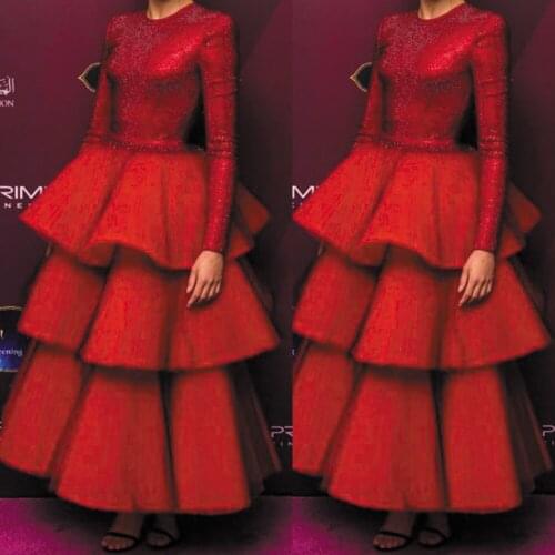 SuperKimJo Vestidos Red Prom Dress Ball Gown Tiered Sparkly Long Sleeve Elegant Arabic Beaded Prom Gown Vestido De Festa