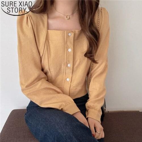 2021 Spring Fashion Women Casual Tops Sweet Blouse Square Collar Single-breasted Long Sleeve Shirt Female Korean Blouses 12747