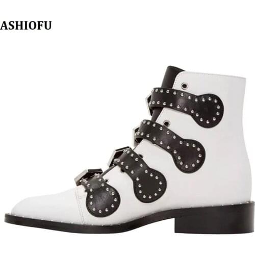 ASHIOFU New Handmade Womens Ankle Boots Buckle Straps Martin Boots Fashion Evening Winter Daily Wear Short Boots Shoes