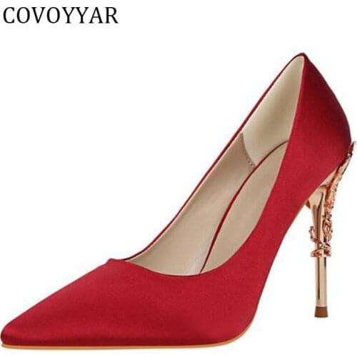 COVOYYAR 2019 Women Pumps Elegant Pointed Toe Thin High Heels Party Wedding Shoes Shallow Metal Decoration Shoes Woman WHH165