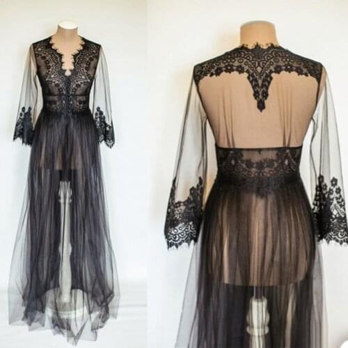 Photo Bathrobe Ruffles Prom Dresses Illusion Lush Puff V Neck Long Sleeves Kimono Sexy Pregnant Party Dress Prom Gowns