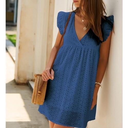 2021 New Women Summer Ruffles Sleeve Sexy V-Neck Hollow Out Lace Swing Mini Tunic Dress