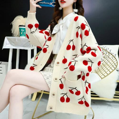 Sweet Fruit Print Knitted Women Sweater Cardigan Single Breasted Long Sleeve Cardigans Korean Loose Sweater Tops Cherry Knitwear