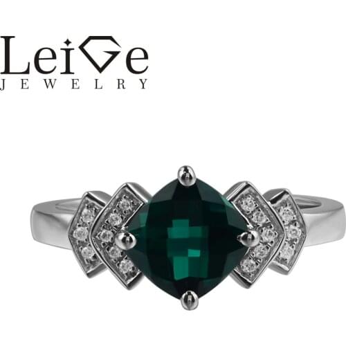Leige Jewelry Lab Emerald Rings Cushion Cut Green Gemstone Engagement Rings For Woman 925 sterling silver May Birthstone