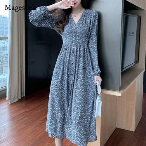 2021 Autumn Floral Chiffon Long Dress New Long Sleeve V-neck Womens Clothing Dresses Elegant Party Dress Robe Vestido 3193