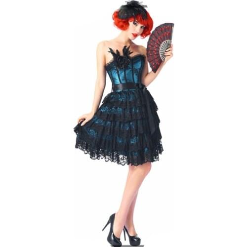 Blue & Black Lace Floral Appliques Sexy Corset Dress Party Victorian Gothic Dresses Burlesque Costume Vintage Korsett For Women