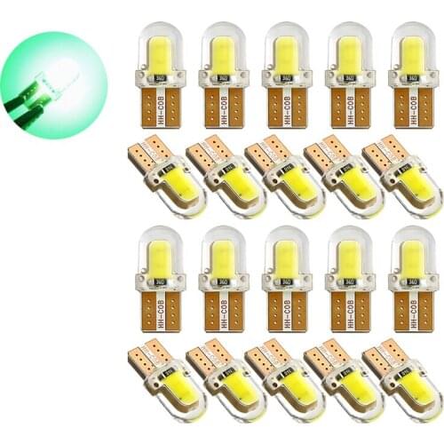 20Pcs Green T10 168 194 W5W COB 4 Chips Silicone LED Car Bulbs For Clearance Lamps License Plate Lights 12V