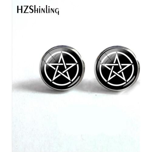 2018 New White Pentagram Earring Occult Wiccan Earrings Round Handmade Jewelry Glass Dome Ear Stud For Women HZ4