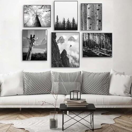 Birch Forest Mountain Landscape Canvas Poster Black White Wall Art Prints Painting Nordic Decoration Picture Living Room Decor