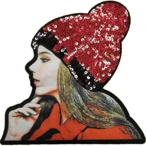 Large Girl With Beanie Sequins Patches Print Patch Sew On DIY Embroidered Applique Bling Bling for Decoration Clothing Accessory