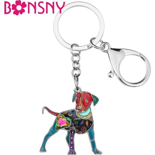 Bonsny Enamel Alloy Rhinestone Mini Doberman Dog Key Chains Standing Animal Key Rings Fashion Jewelry For Women Girls Decoration