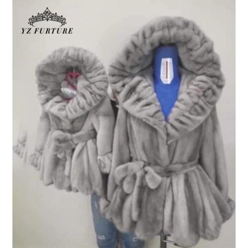 Winter Real Mink Fur Hooded Coat Kids With Suit Collar Natural Mink Fur With Sashes And Skirt Design MKW-351