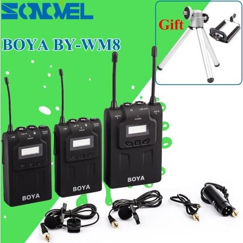 BOYA BY-WM8 UHF Dual Wireless Lavalier Microphone Systerm Lav Interview Mic 2 Transmitters 1 Receiver for DSLR Video Camera DC