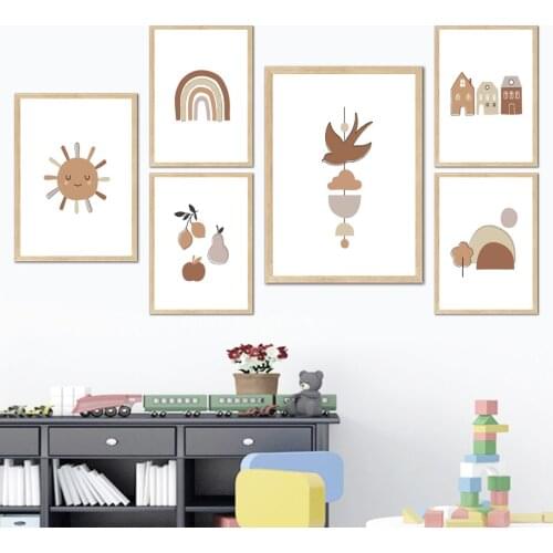 Cartoon Boho Rainbow Sun Fruit House Bird Tree Wall Art Canvas Painting Nordic Posters And Prints Wall Pictures Kids Room Decor