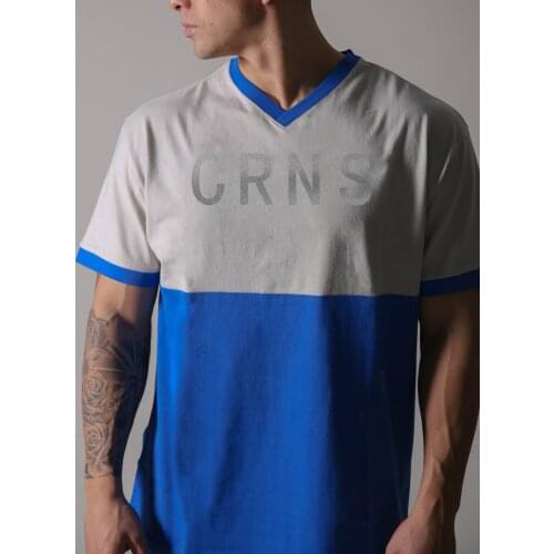 New Arrive T Shirt Men Cotton Patchwork Tshirt V-Neck Casual Sports T-shirt Men Fashion