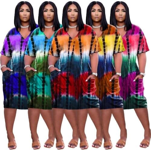 Tie Dyeing Print Dress Women Summer Fashion Casual Loose Deep V Neck Short Sleeve Pockets Midi Dress Female