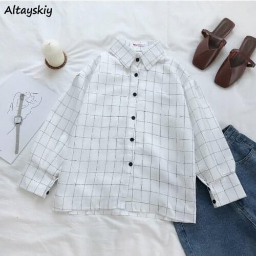 Shirts Women Hot Sale White Plaid Spring New Simple Daily All-match Patchwork Loose BF Womens Full Tops Stylish Fashion Leisure