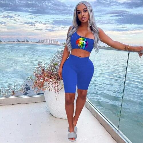 Sporty Mouth Printed Skinny Two Piece Sets Womens Clothing Oblique Collar Crop Top and Elastic High Waist Biker Short Tracksuit