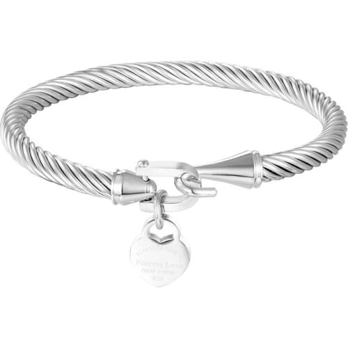 High Quality Forever Love Peach Heart Charm Bracelet & Bangle Gold Color Wire Jewelry Bijoux Stainless Steel Women Bangle