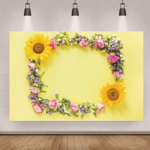 Bright Yellow Theme Flowers Background Portrait Photography Beautiful Wreath Banner Birthday Decors Backdrops Studio Photo Props