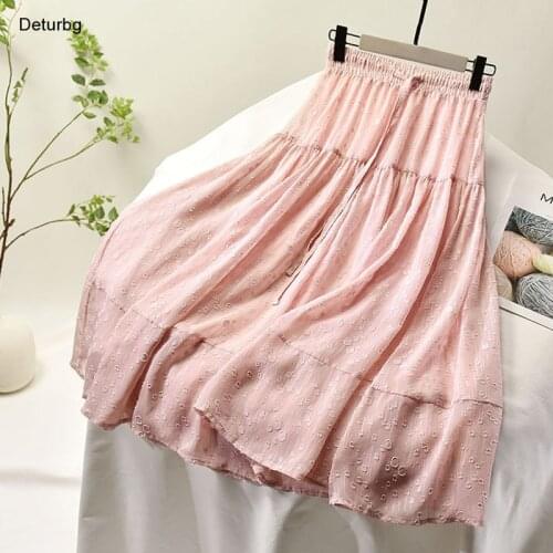 Womens Elegant Dot Pattern Midi Skirt With Liner Korean Female High Waist Pleated Drawstring A-Line Skirts 2021 Autumn Sk854