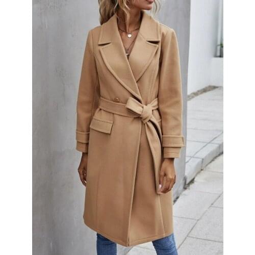 Womens Coats NEW Fashion Simple wool&blends Womens Parkas Pockets Free Belted Jackets Brown Double-Breasted Outerwear Hot Sale