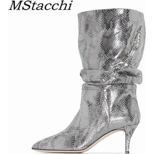 Mstacchi Womens Boots Snakeskin Print Pleated Mid Heel Party Shoes Pointed Toe Slip On Sexy Stiletto Women Motorcycle Boots