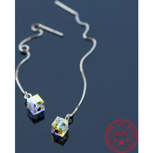 Fashion cute 925 Sterling Silver Ladies Earrings Aurora Crystal Square Personality Pendant Earrings Female Exclusive Jewelry