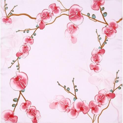 POBING 100% Silk Scarf Woman Plum Flowers Print Square Scarves Luxury Bandanas Small Hijab Foulards Lady Tie Headband 53x53CM