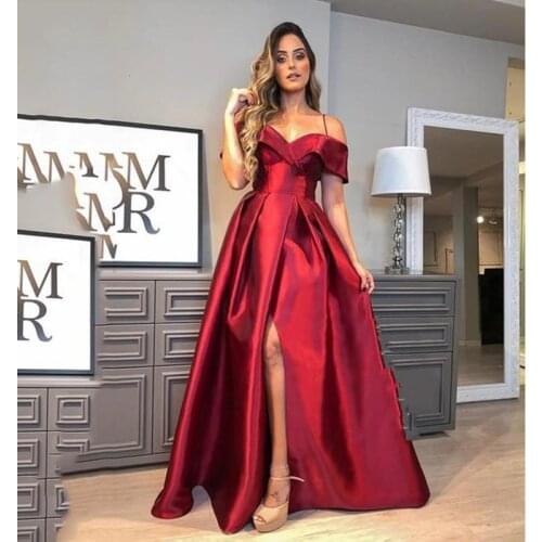 Womens Spaghetti Burgundy Long Prom Dress with Side Split Off Shoulder Floor Length Formal Evening Gowns Wedding Party Dress