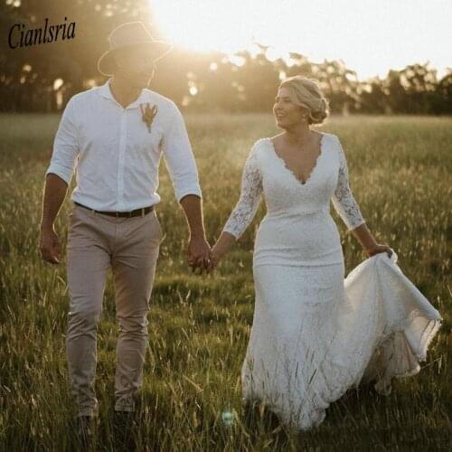 Elegant 2020 Full Lace Mermaid Country Plus Size Wedding Dresses V-Neck Three Quarter Sleeve Long Custom Made Wedding Dress