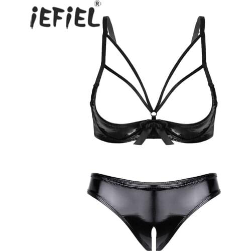 Women Patent Leather Wet Look Lingerie Suit Ladies Open Cup Underwired Bra Tops with Low Rise Crotchless Underwear for Nightclub