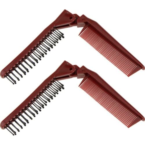 2x Plastic Hair Brush Folding Anti Static Comb Travel - Wine Red