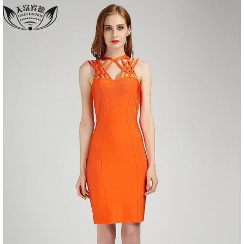 2017 Sexy Sleeveless Orange Bandage Dress Strapless Stripes Shoulder Strap Design Dresses Knee Length Ladies Bandage Dresses