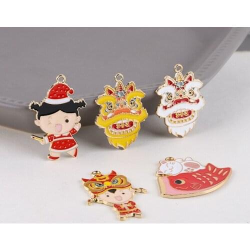 6pcs Chinese style Lion Dance Head New Year Little Girl Red Koi Fish Alloy Earrings For Women Ladies DIY Jewelry Accessories