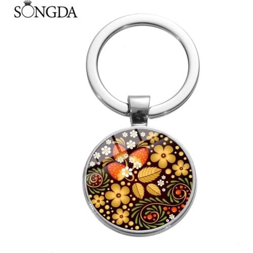 Classic Bohemia Floral Print Keychain Russian Folk Art Pattern Handmade Glass Cabochon Key Chain Women Bag Charm Accessories